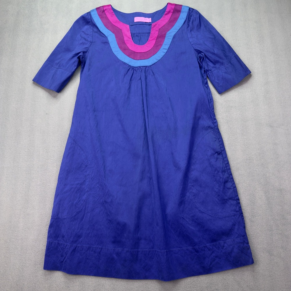 Christiane Celle Calypso Silk Shift Dress XS Blue Purple Banded Neck Pockets
